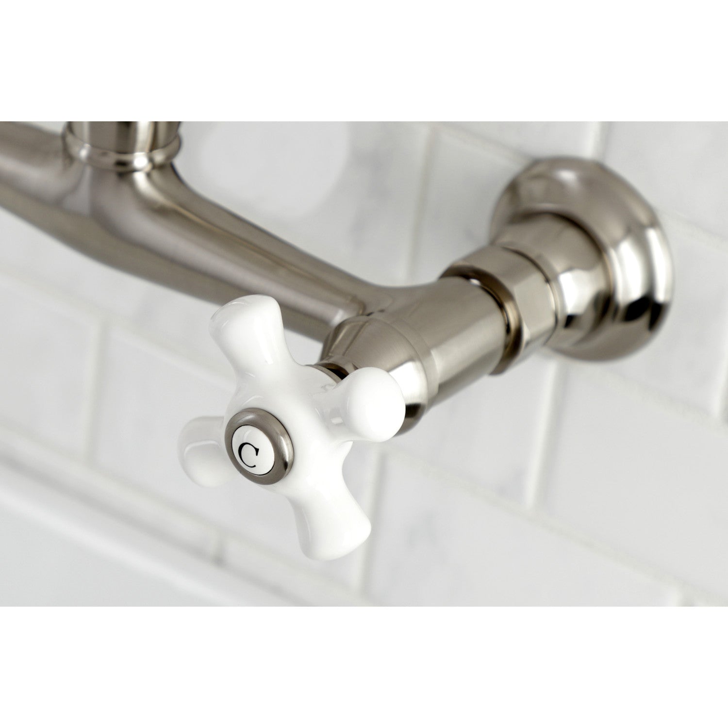 Kingston Heirloom KS3248PX - Vintage Double-Handle 2-Hole Wall Mount Bathroom Faucet, Brushed Nickel — thumbnail 3